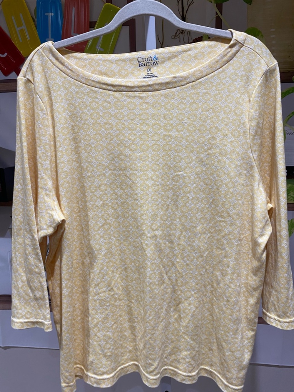 croft & barrow Yellow Floral-Print Boatneck Long Sleeve Tee XXL. Ptp is  24